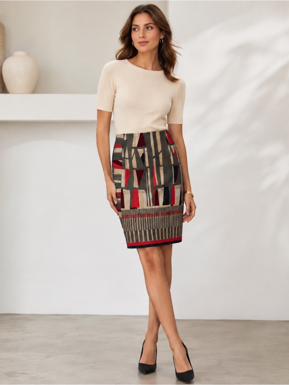 NIC+ZOE Geometric Pencil Skirt 8 Red Black Cream Stretch Modern Workwear